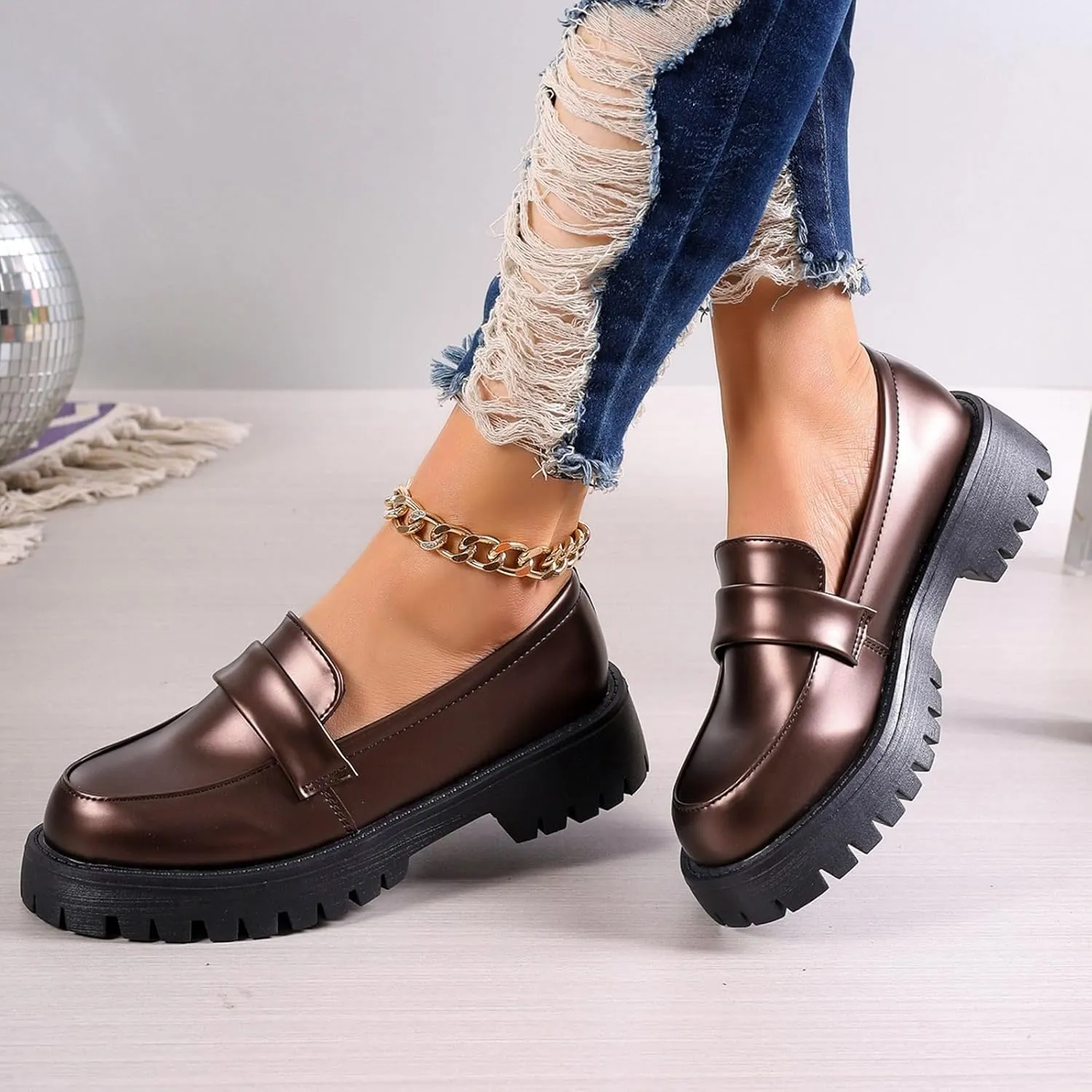 Womens Penny Loafers Comfortable Dressy Arch Support Walking Shoes Breathable Chunky Loafers Casual Slip On Shoes