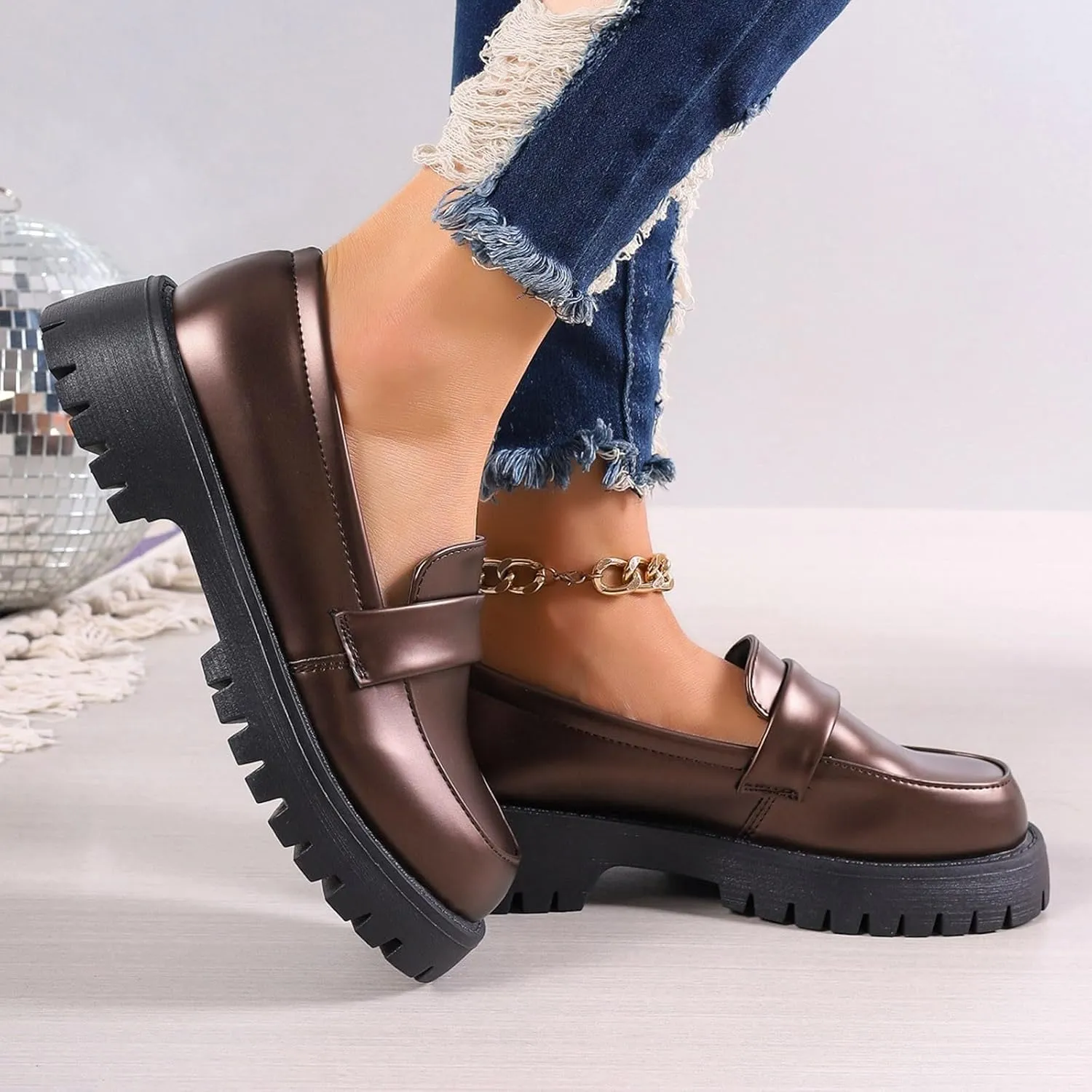 Womens Penny Loafers Comfortable Dressy Arch Support Walking Shoes Breathable Chunky Loafers Casual Slip On Shoes