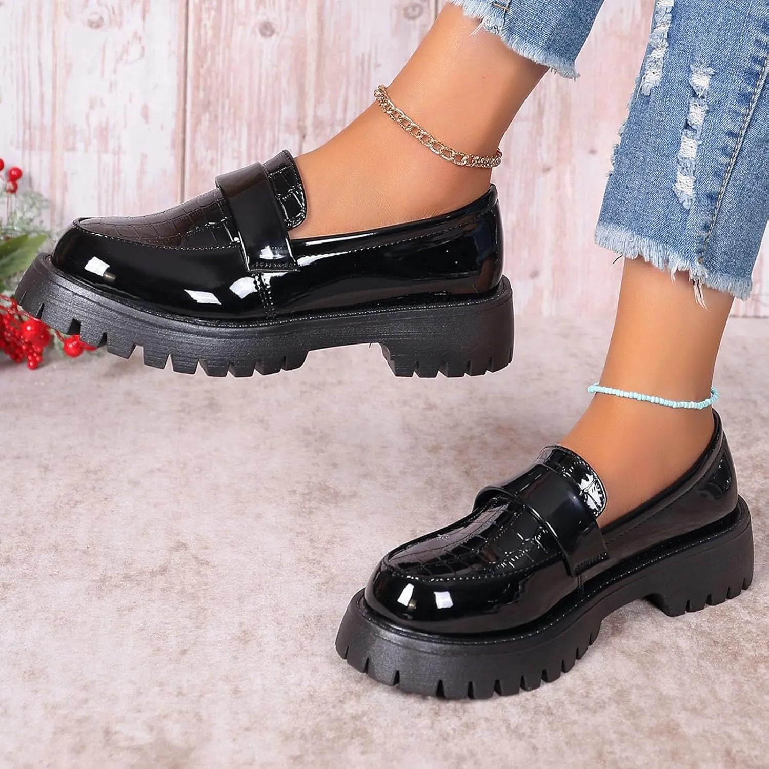 Womens Penny Loafers Comfortable Dressy Arch Support Walking Shoes Breathable Platform Chunky Loafers Casual Shoes