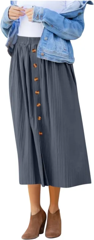 Women's Pleated Midi Skirt Flowy Summer Pleated High Waisted Casual Button Front Skirts with Pockets