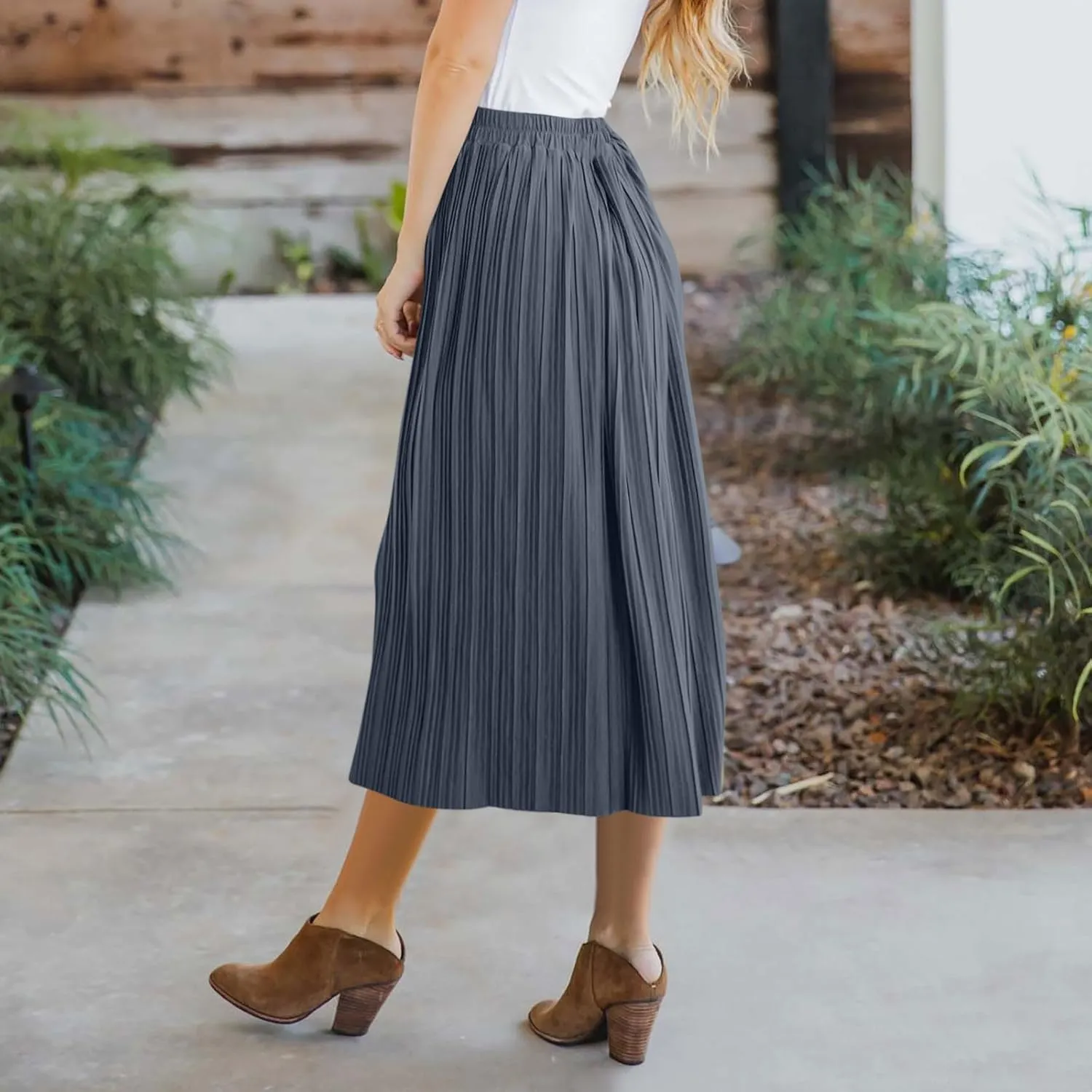 Women's Pleated Midi Skirt Flowy Summer Pleated High Waisted Casual Button Front Skirts with Pockets
