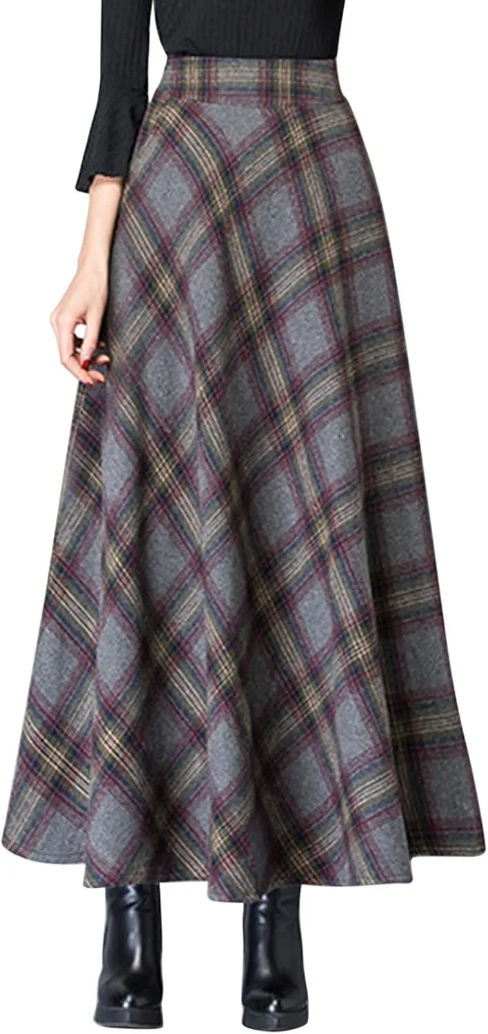 Womens Retro Skirts Casual Length Skirt Classic Plaid High Waisted Pockets Long Skirts for Women Zipper Maxi
