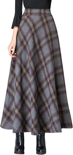 Womens Retro Skirts Casual Length Skirt Classic Plaid High Waisted Pockets Long Skirts for Women Zipper Maxi