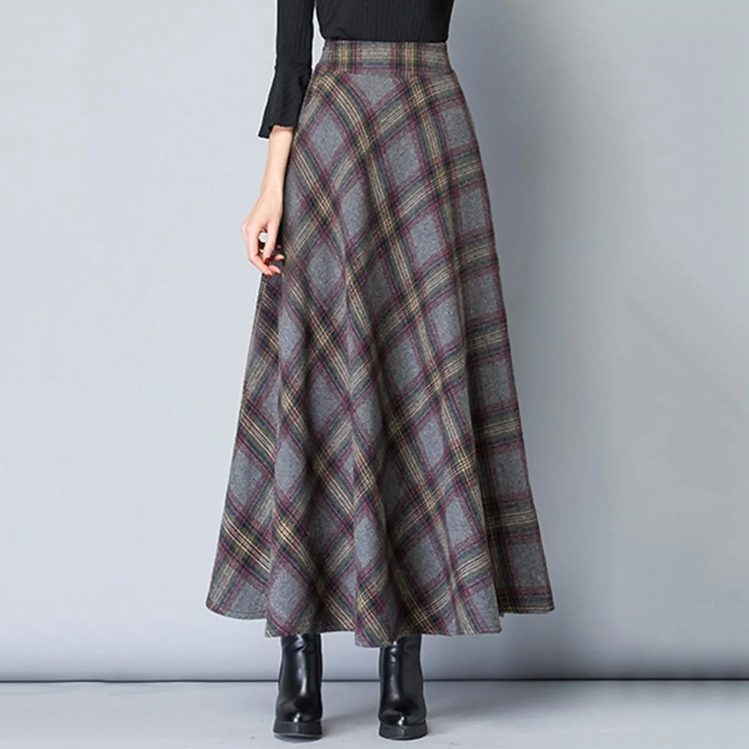 Womens Retro Skirts Casual Length Skirt Classic Plaid High Waisted Pockets Long Skirts for Women Zipper Maxi