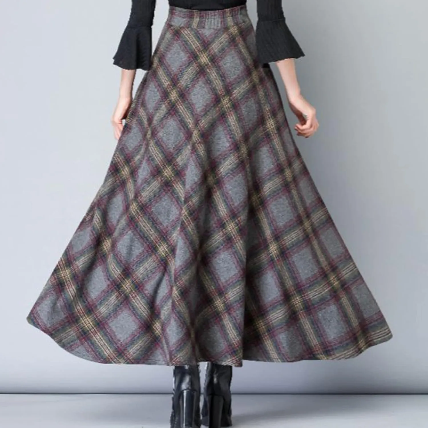 Womens Retro Skirts Casual Length Skirt Classic Plaid High Waisted Pockets Long Skirts for Women Zipper Maxi