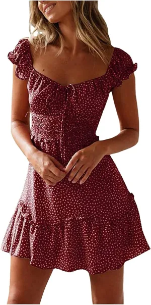 Womens Ruffle Floral Mini Sundress 2024 Summer Outdoor Vacation Travel Dress Square Neck Bohemia Style High Waisted Dresses