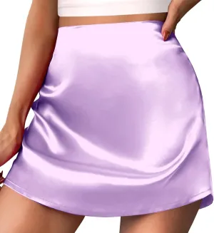 Women's Satin Elastic High Waist Zipper Skorts Versatile Stretchy Skirt Flared Casual A Line Mini Skirts Built in Shorts