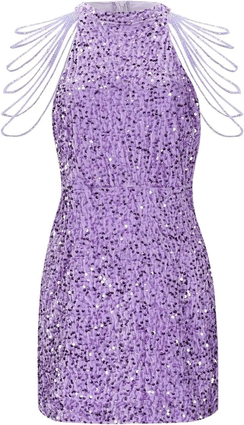 Womens Sequin Dress Hot Drilling Tassel Mini Dress Cocktail Party Dress Sexy Club Night Dress Wrap Hip Dresses