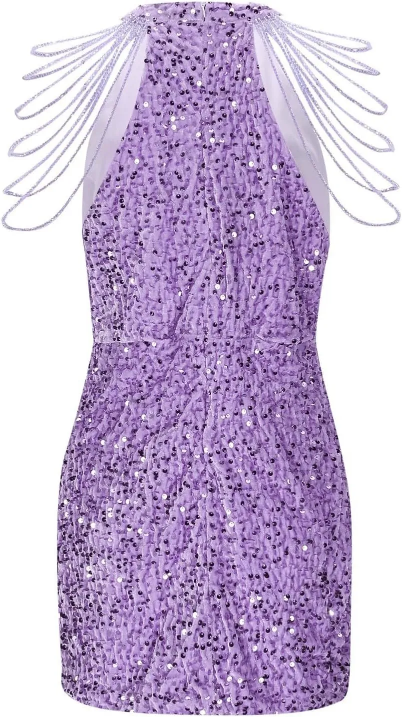 Womens Sequin Dress Hot Drilling Tassel Mini Dress Cocktail Party Dress Sexy Club Night Dress Wrap Hip Dresses