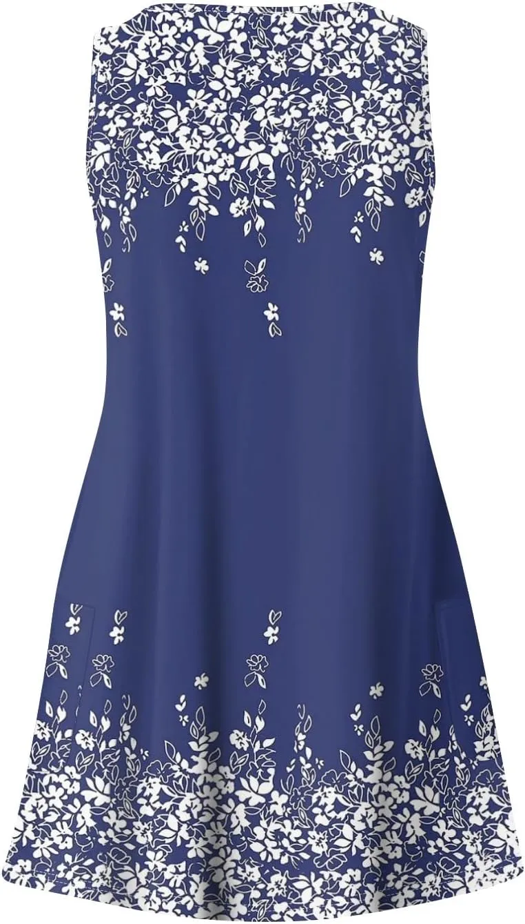 Women's Sleeveless Boho Floral Print V-Neck Summer Beach Dress with Pockets