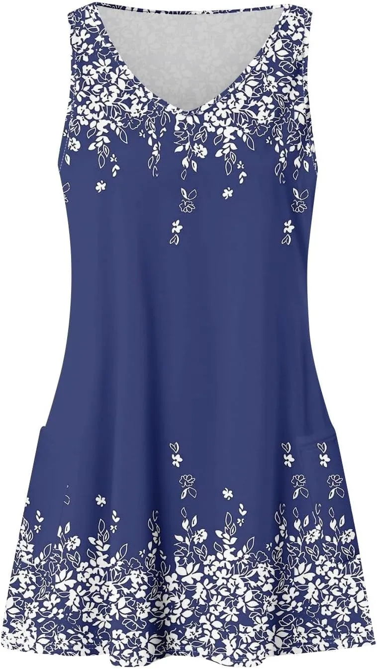 Women's Sleeveless Boho Floral Print V-Neck Summer Beach Dress with Pockets