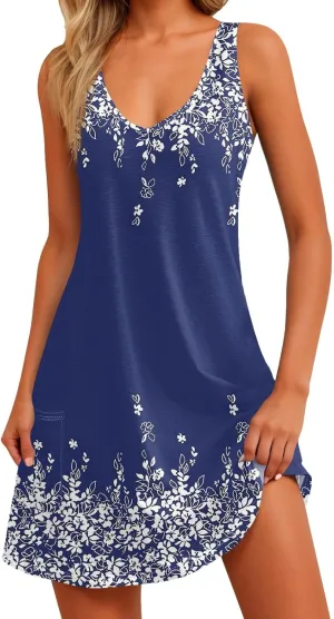 Women's Sleeveless Boho Floral Print V-Neck Summer Beach Dress with Pockets