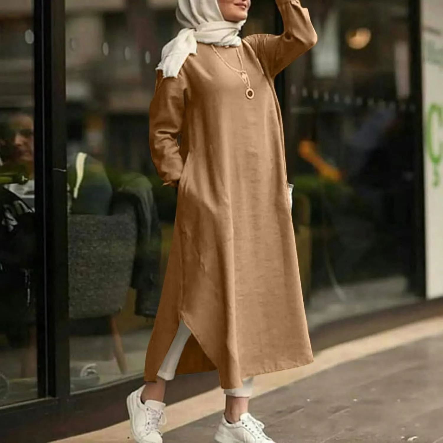 Women's Spring Dresses 2025 Summer Casual Trendy Loose Long Sleeve Crew Neck Solid Maxi Muslim Dresses, S-XL