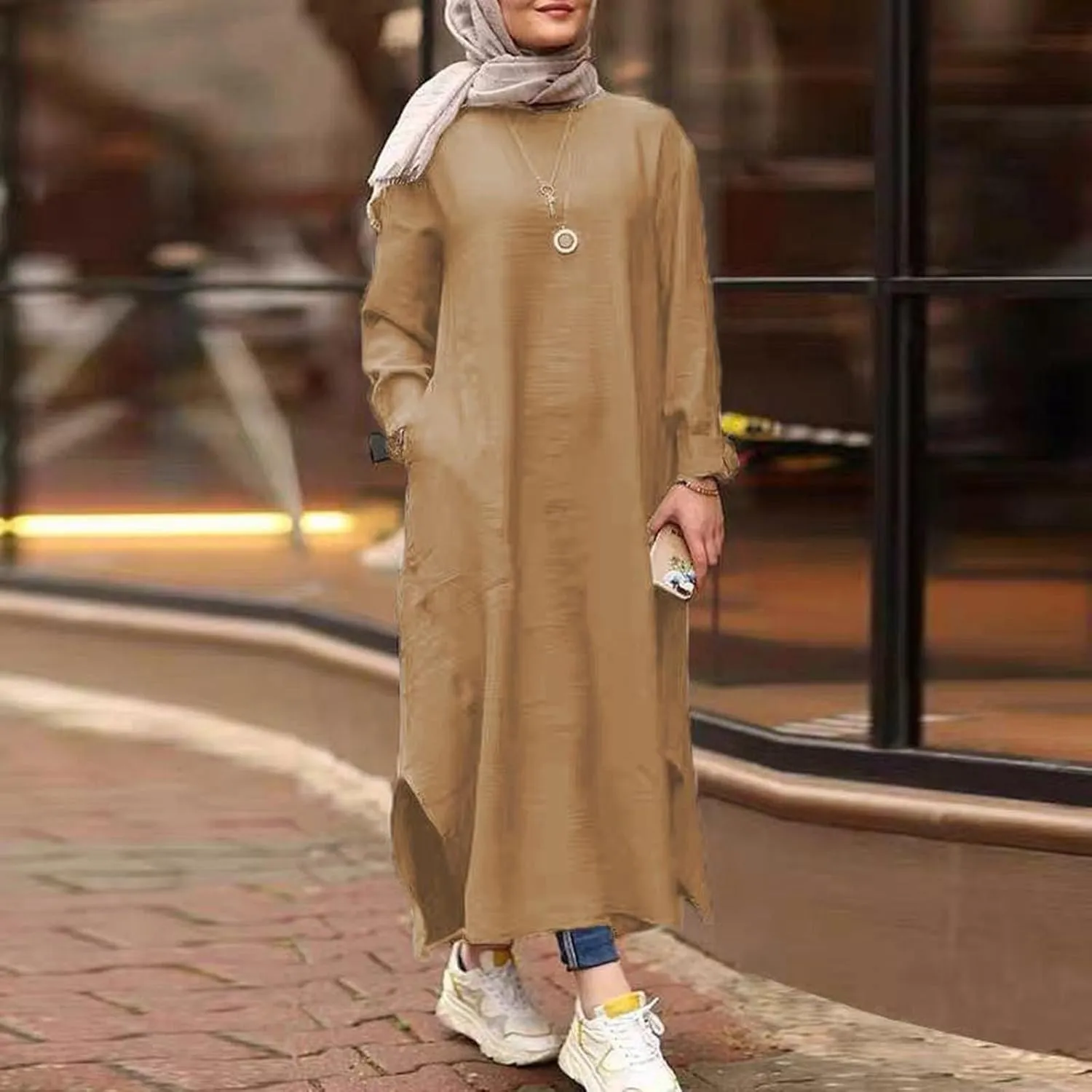 Women's Spring Dresses 2025 Summer Casual Trendy Loose Long Sleeve Crew Neck Solid Maxi Muslim Dresses, S-XL