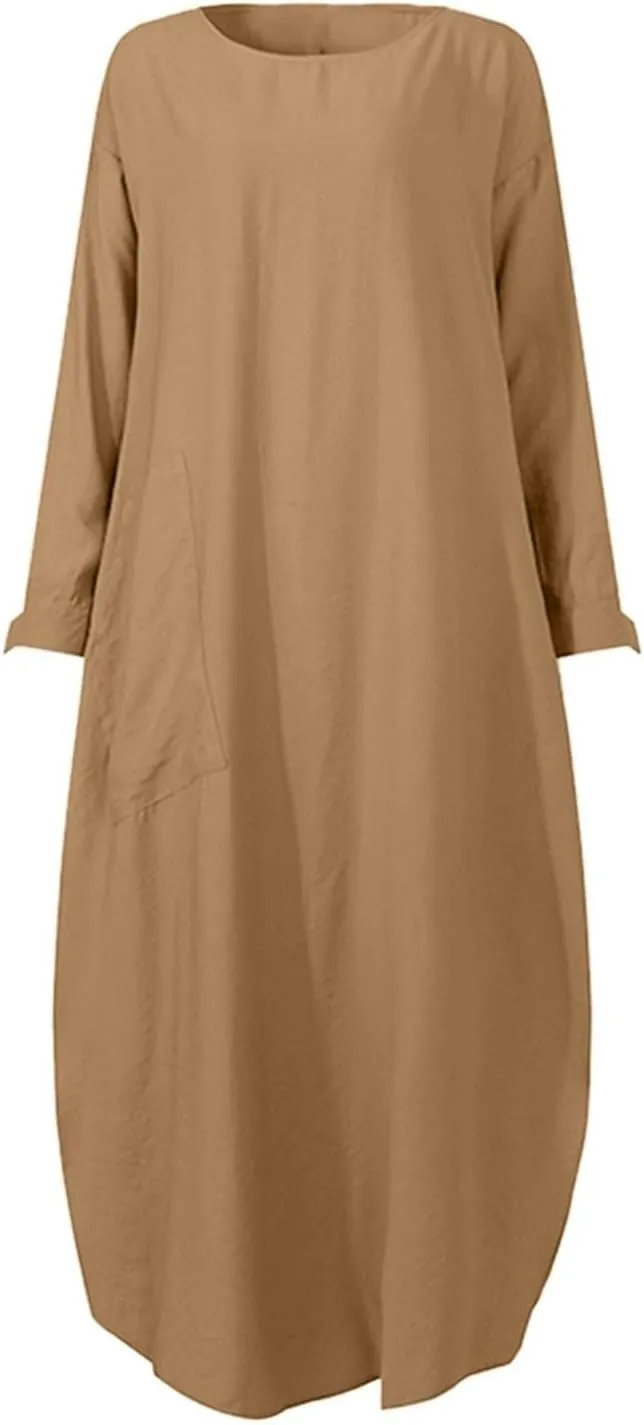 Women's Spring Dresses 2025 Summer Casual Trendy Loose Long Sleeve Crew Neck Solid Maxi Muslim Dresses, S-XL