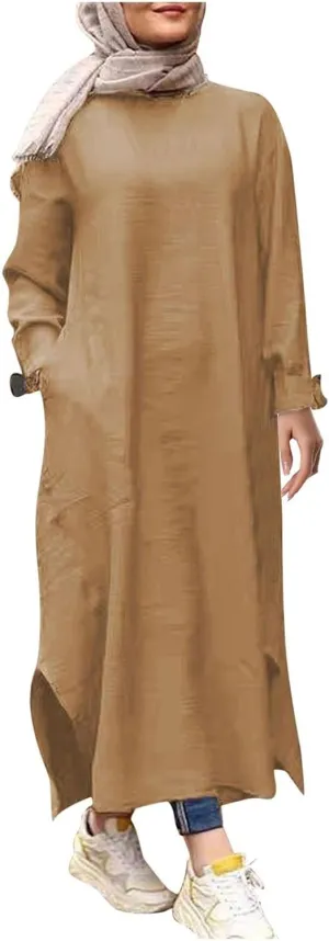 Women's Spring Dresses 2025 Summer Casual Trendy Loose Long Sleeve Crew Neck Solid Maxi Muslim Dresses, S-XL