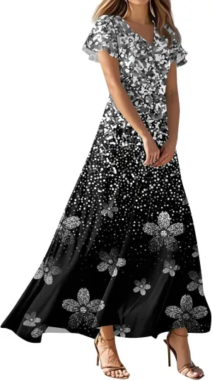 Womens Summer Casual Chiffon Maxi Dresses Flowy Short Sleeve High Waisted A Line Dress Beach Trendy V Neck Dresses
