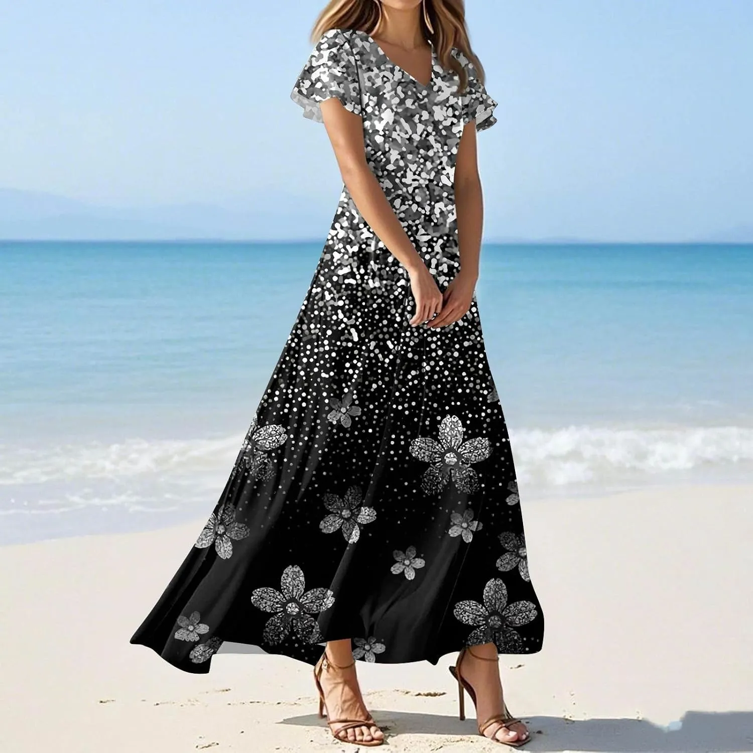 Womens Summer Casual Chiffon Maxi Dresses Flowy Short Sleeve High Waisted A Line Dress Beach Trendy V Neck Dresses