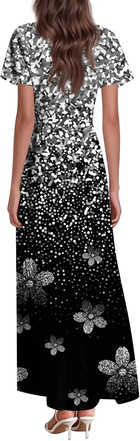 Womens Summer Casual Chiffon Maxi Dresses Flowy Short Sleeve High Waisted A Line Dress Beach Trendy V Neck Dresses