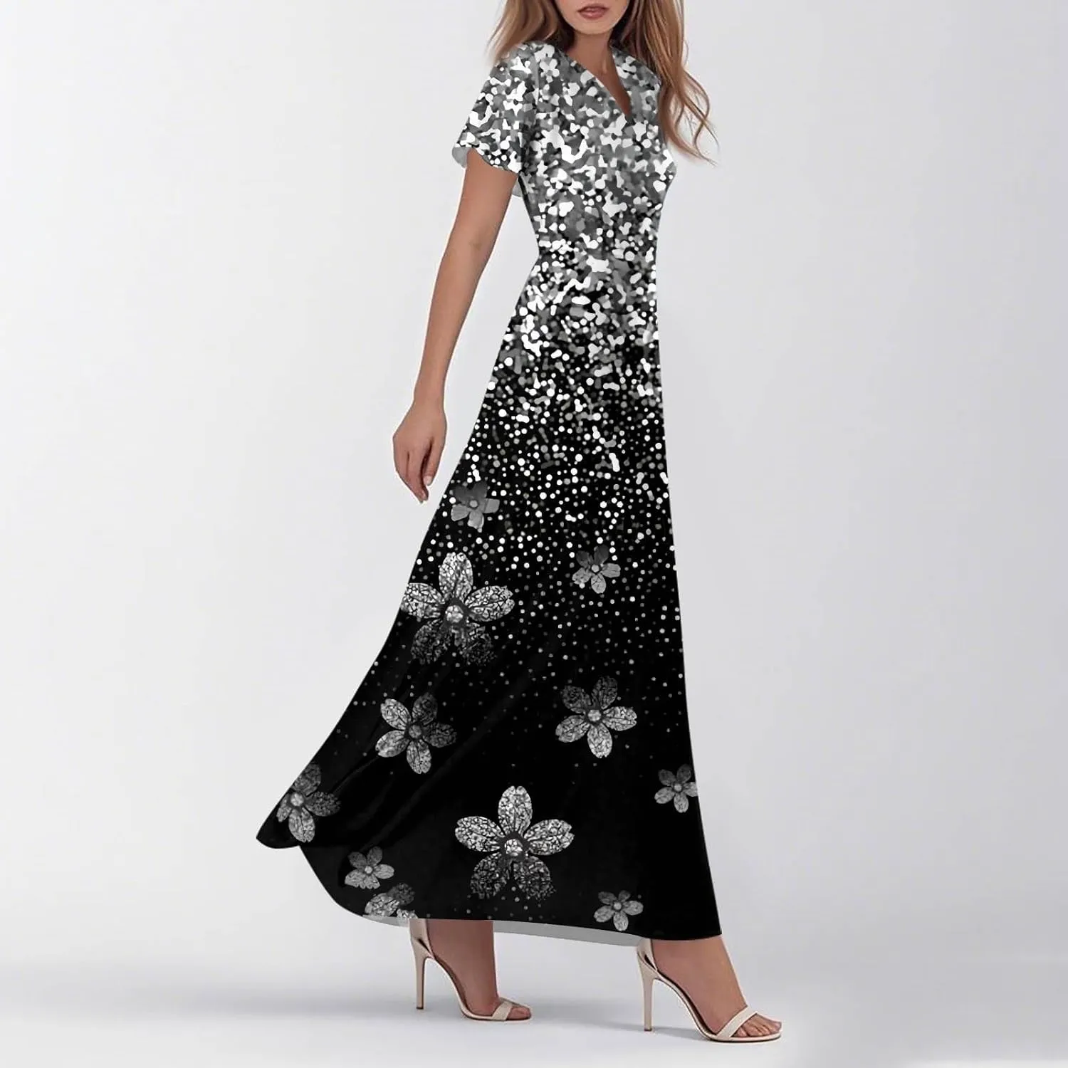 Womens Summer Casual Chiffon Maxi Dresses Flowy Short Sleeve High Waisted A Line Dress Beach Trendy V Neck Dresses