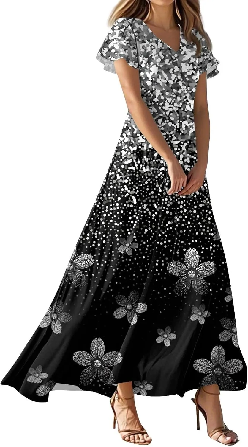 Womens Summer Casual Chiffon Maxi Dresses Flowy Short Sleeve High Waisted A Line Dress Beach Trendy V Neck Dresses