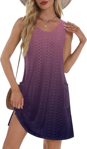 Womens Summer Dresses 2025 Eyelet Casual Loose V Neck Sleeveless Sundresses Tank Coverup Dresses with Pockets