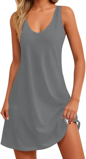 Womens Summer Dresses Trendy V Neck Sleeveless Sun Dresses Boho Tank Dress Casual Loose Fit Beach Dress with Pockets