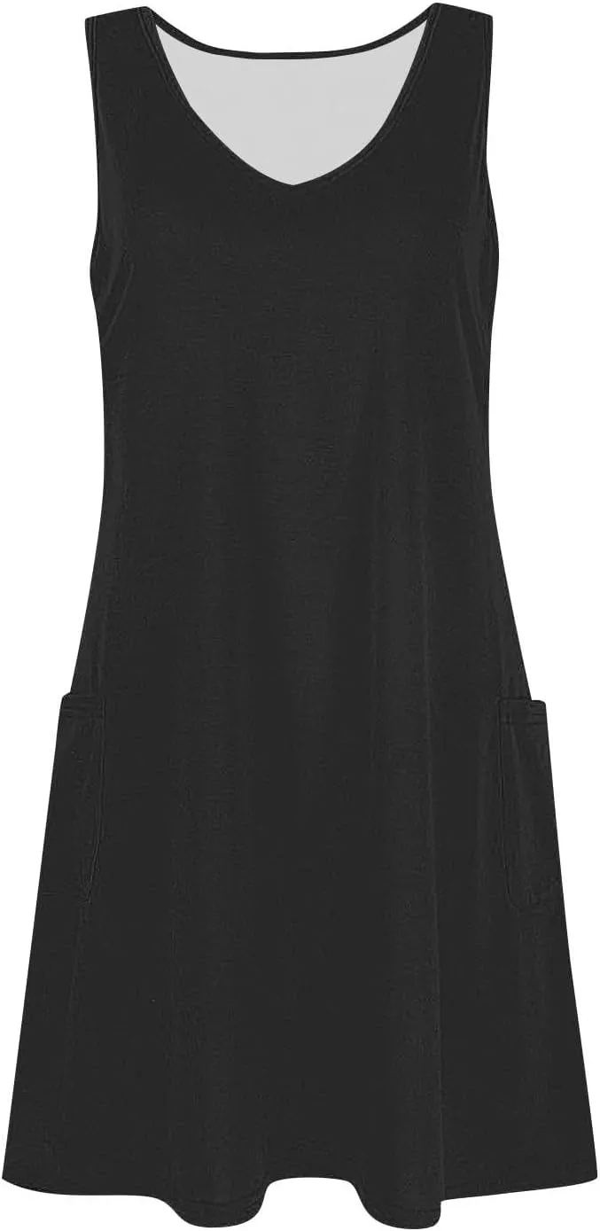 Womens Summer Dresses Trendy V Neck Sleeveless Sun Dresses Boho Tank Dress Casual Loose Fit Beach Dress with Pockets