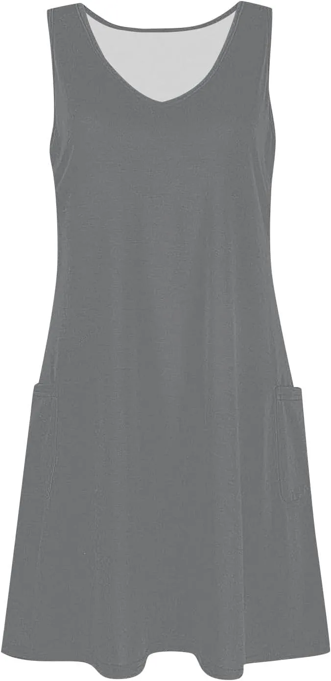 Womens Summer Dresses Trendy V Neck Sleeveless Sun Dresses Boho Tank Dress Casual Loose Fit Beach Dress with Pockets