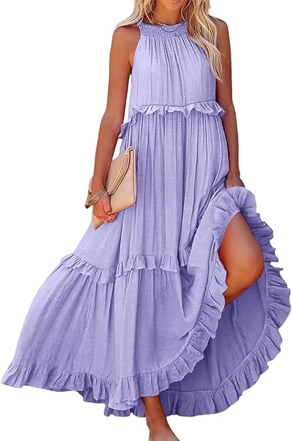 Womens Summer Floral Maxi Dresses Sleeveless Beach Wedding Guest Dress Drawstring Ruffle Long Flowy Dress