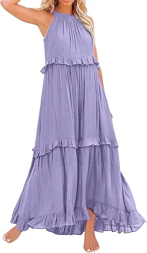 Womens Summer Floral Maxi Dresses Sleeveless Beach Wedding Guest Dress Drawstring Ruffle Long Flowy Dress