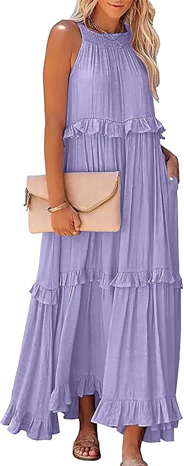 Womens Summer Floral Maxi Dresses Sleeveless Beach Wedding Guest Dress Drawstring Ruffle Long Flowy Dress