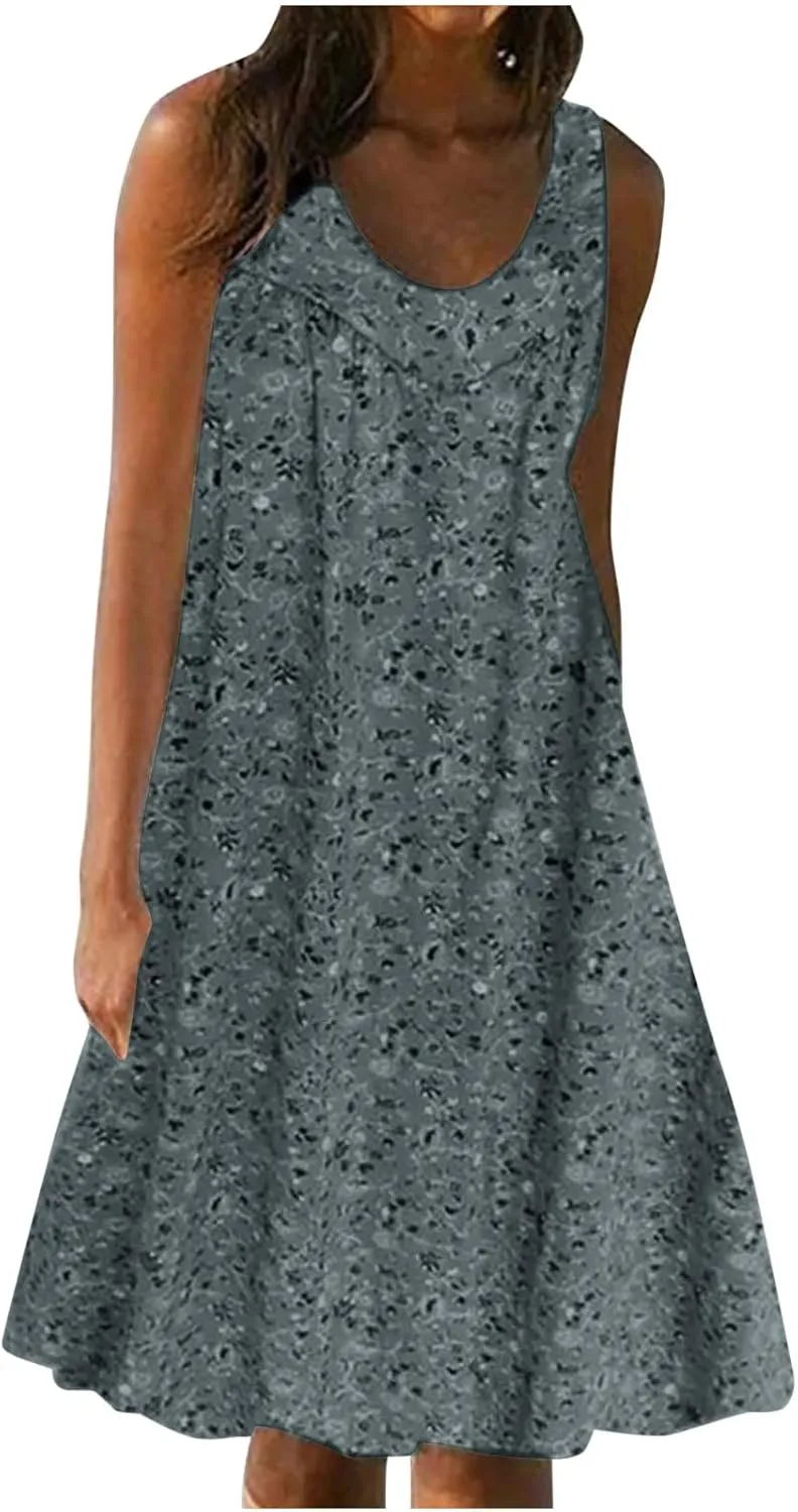 Women's Summer Mini Dress Trendy Floral Printed A Line Tank Dress Sleeveless Scoop Neck Bohemian Sundress with Pocket