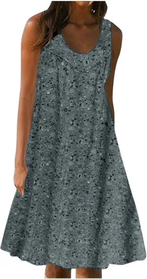 Women's Summer Mini Dress Trendy Floral Printed A Line Tank Dress Sleeveless Scoop Neck Bohemian Sundress with Pocket