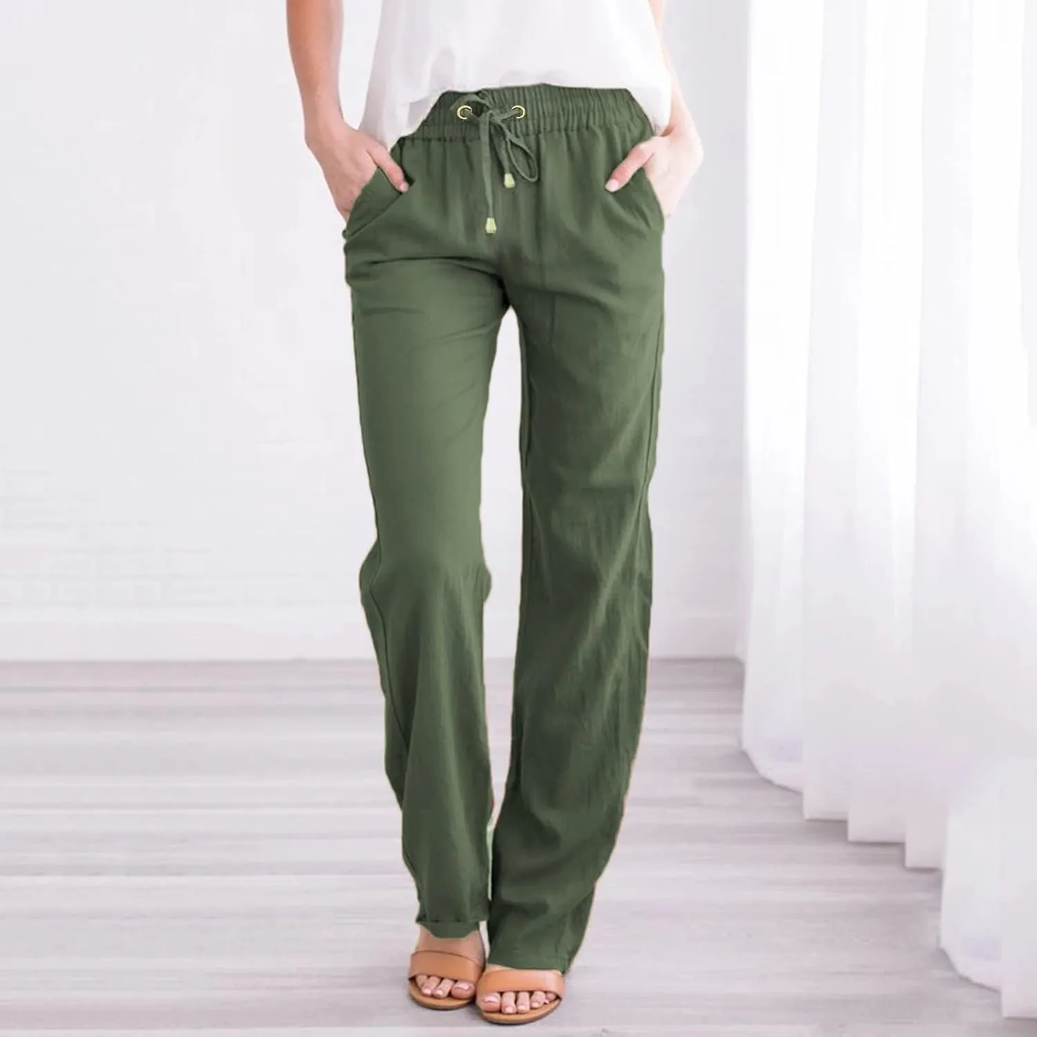 Women's Summer Trousers Linen Cotton Drawstring Elastic Waist Pants Casual Baggy Straight Solid Lounge Pants with Pockets