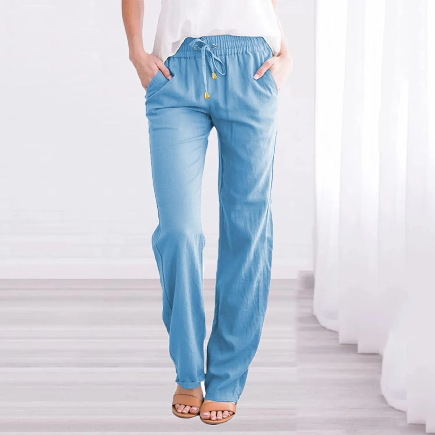 Women's Summer Trousers Linen Cotton Drawstring Elastic Waist Pants Casual Baggy Straight Solid Lounge Pants with Pockets