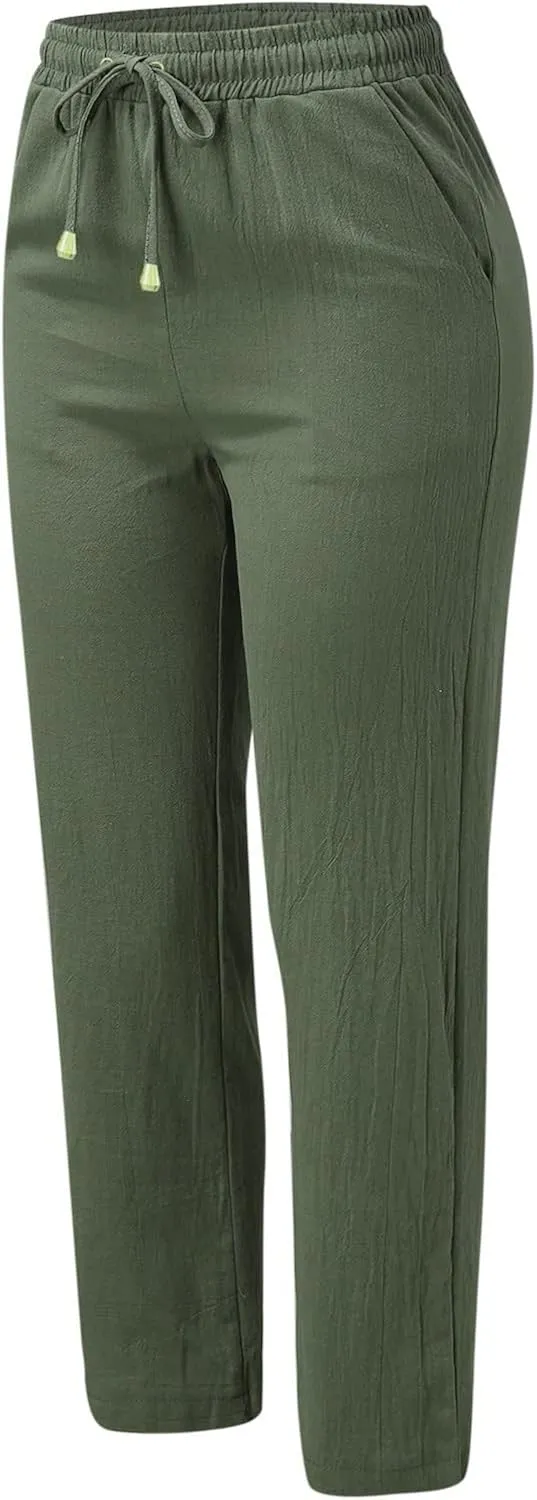 Women's Summer Trousers Linen Cotton Drawstring Elastic Waist Pants Casual Baggy Straight Solid Lounge Pants with Pockets