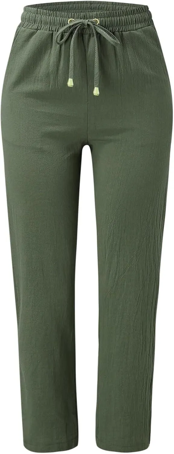Women's Summer Trousers Linen Cotton Drawstring Elastic Waist Pants Casual Baggy Straight Solid Lounge Pants with Pockets