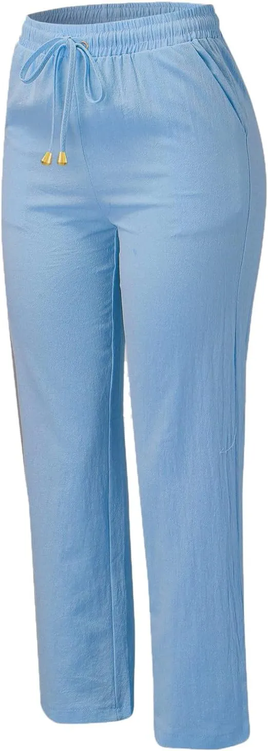 Women's Summer Trousers Linen Cotton Drawstring Elastic Waist Pants Casual Baggy Straight Solid Lounge Pants with Pockets