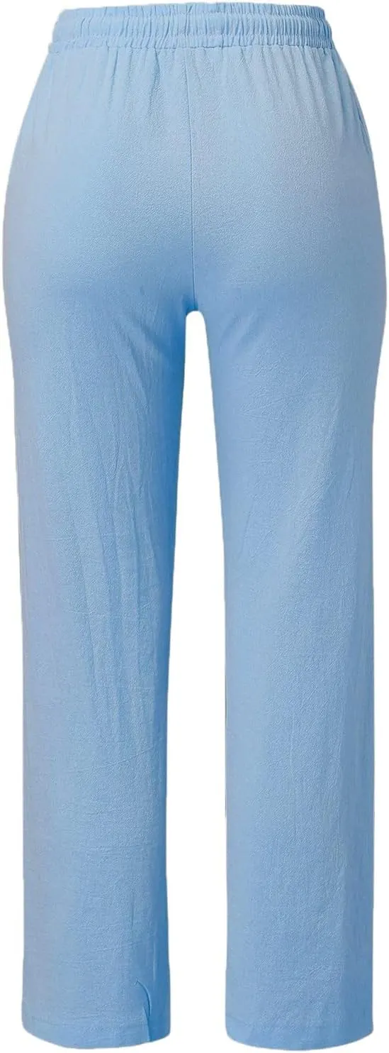 Women's Summer Trousers Linen Cotton Drawstring Elastic Waist Pants Casual Baggy Straight Solid Lounge Pants with Pockets