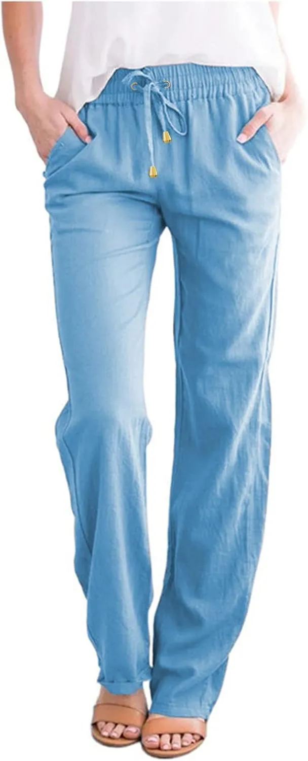 Women's Summer Trousers Linen Cotton Drawstring Elastic Waist Pants Casual Baggy Straight Solid Lounge Pants with Pockets