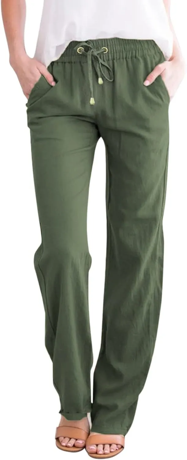 Women's Summer Trousers Linen Cotton Drawstring Elastic Waist Pants Casual Baggy Straight Solid Lounge Pants with Pockets