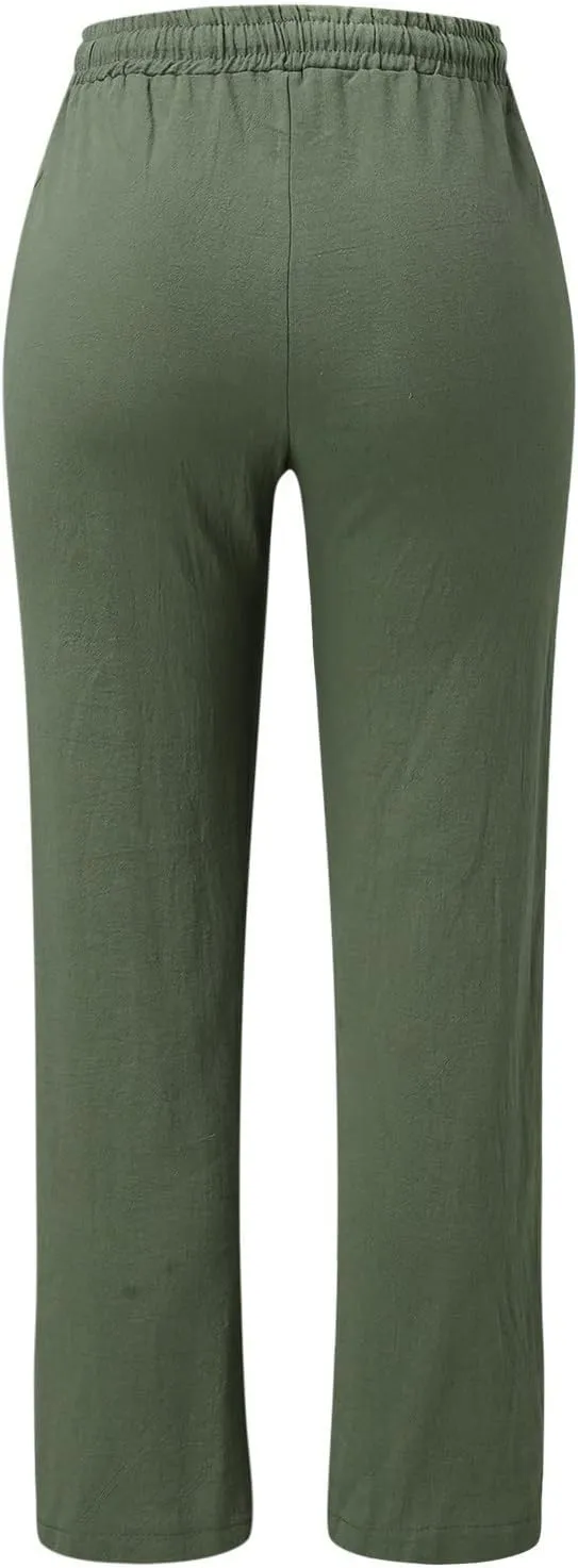 Women's Summer Trousers Linen Cotton Drawstring Elastic Waist Pants Casual Baggy Straight Solid Lounge Pants with Pockets