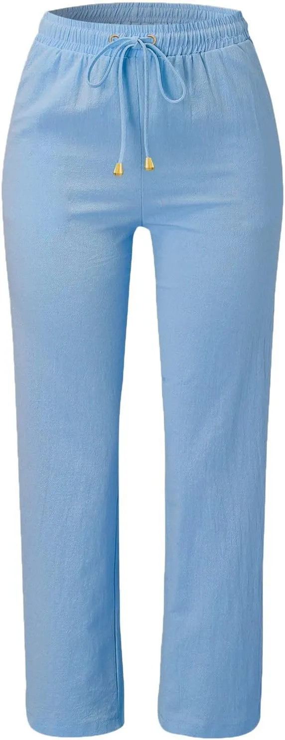 Women's Summer Trousers Linen Cotton Drawstring Elastic Waist Pants Casual Baggy Straight Solid Lounge Pants with Pockets