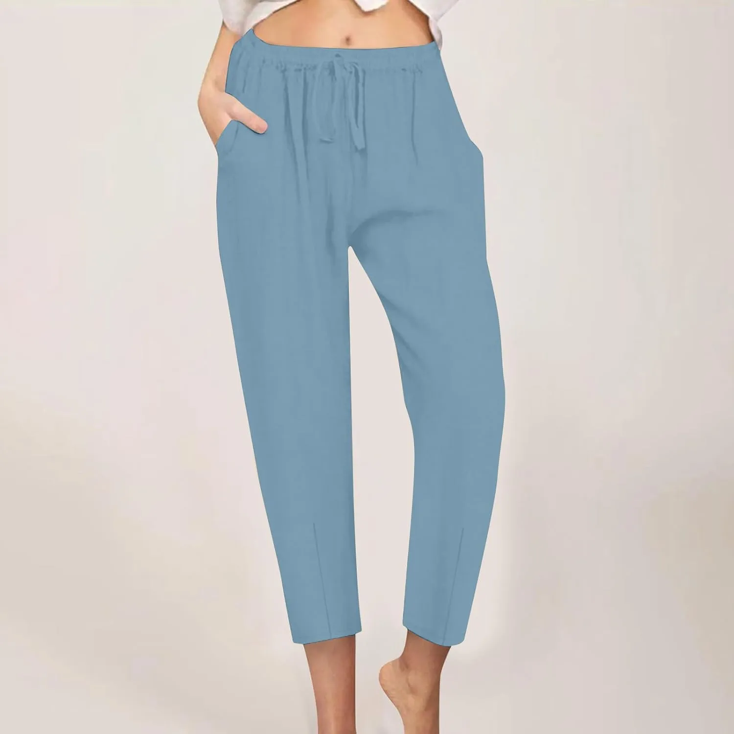 Women's Tapered Pants High Waisted Linen Pants Drawstring Work Pants Pull On Casual Pants Comfy Dress Pants Trousers