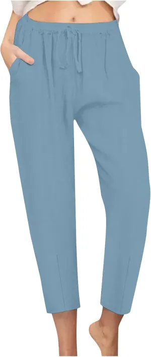 Women's Tapered Pants High Waisted Linen Pants Drawstring Work Pants Pull On Casual Pants Comfy Dress Pants Trousers