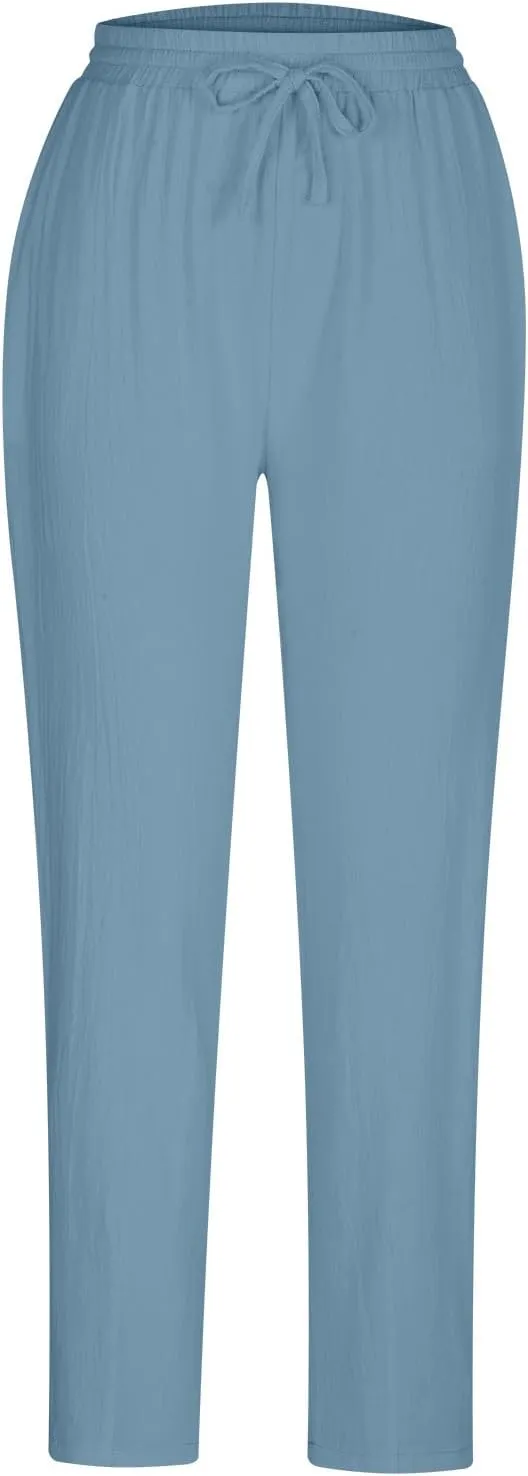 Women's Tapered Pants High Waisted Linen Pants Drawstring Work Pants Pull On Casual Pants Comfy Dress Pants Trousers