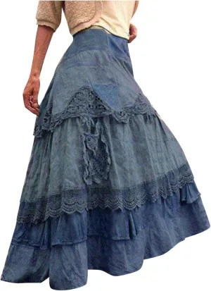 Women's Vintage Maxi Skirts Casual Flowy a Line Maxi Skirt Elastic Waistband Beach Long Skirt Lace Tiered Skirt