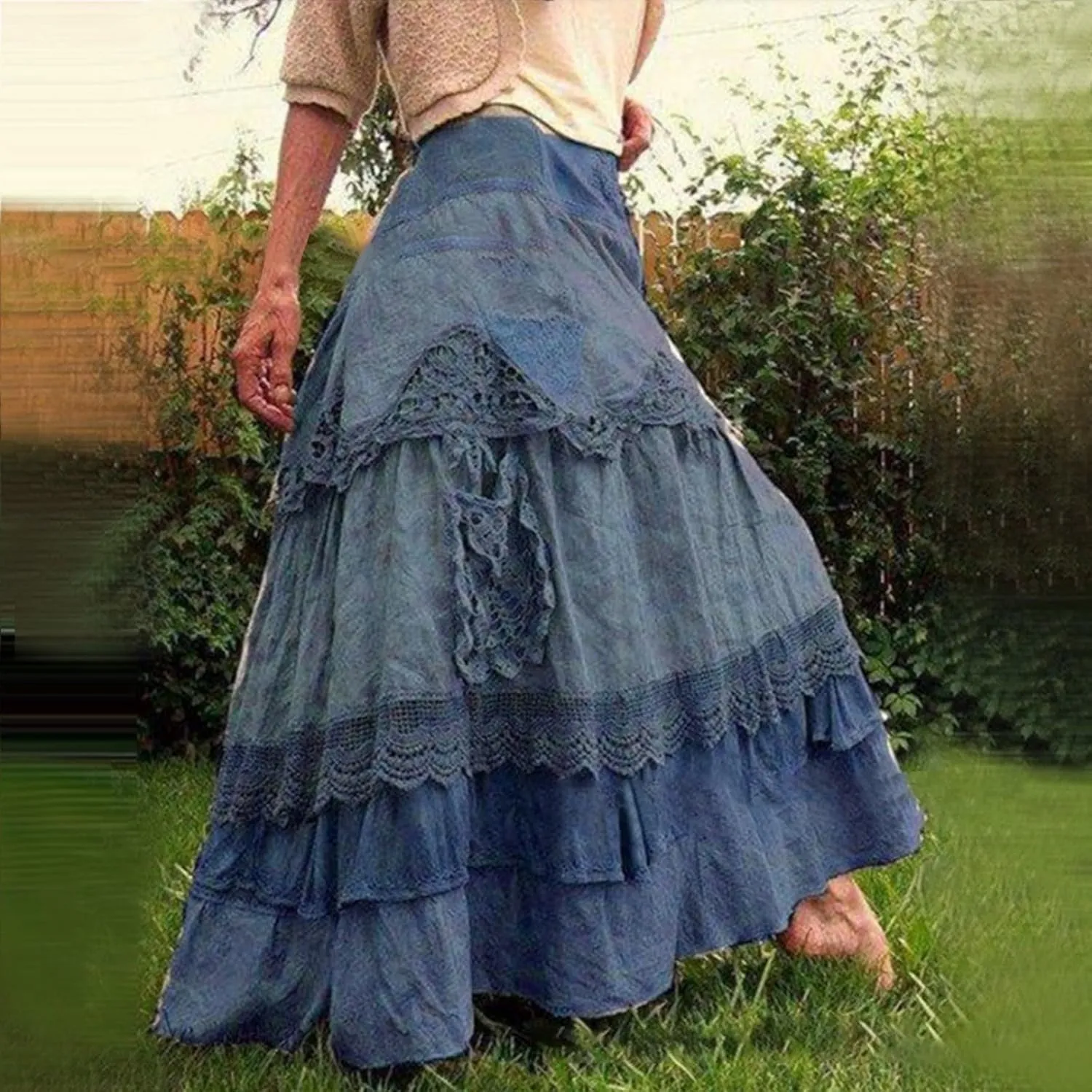 Women's Vintage Maxi Skirts Casual Flowy a Line Maxi Skirt Elastic Waistband Beach Long Skirt Lace Tiered Skirt