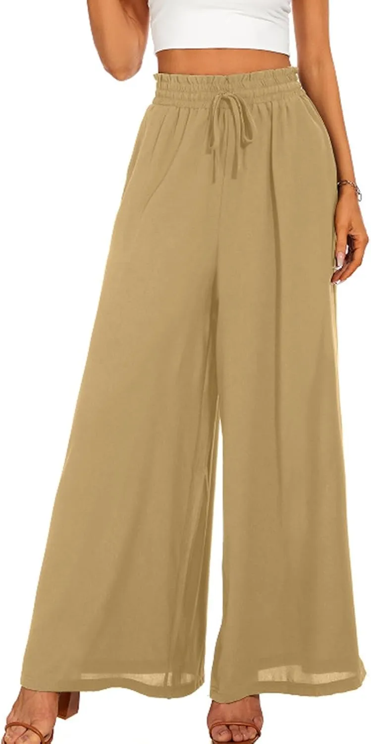 Womens Wide Leg Pants Dressy Comfy Loose Flowy Cotton Linen Pants Summer Casual Beach High Waisted Palazzo Trousers